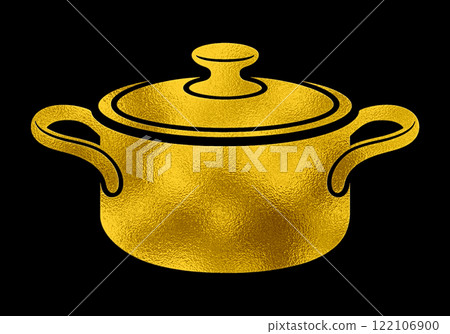 時尚 cocotte 鍋的金色剪影插圖,黑色背景上的切口 時尚 cocotte 鍋的金色剪影插圖,黑色背景上的切口 122106900