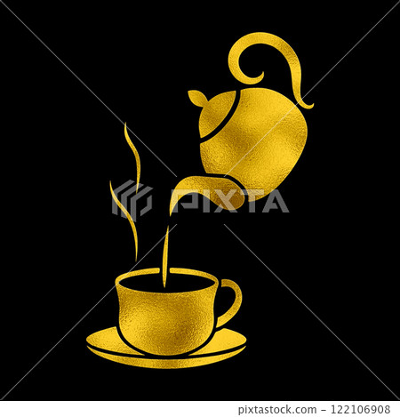 茶從茶壺倒入茶杯時的金色剪影圖，黑色背景上的切口 122106908