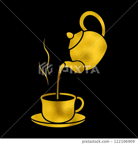 Gold silhouette illustration of the moment tea is poured from a teapot into a teacup, cut out on a black background 122106909