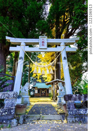 Torii gate, autumn scenery of the shrine and the light of the clear autumn sky, Hachimensha Shrine / Ichishimo Shrine (Minamiaso Village) 122106913
