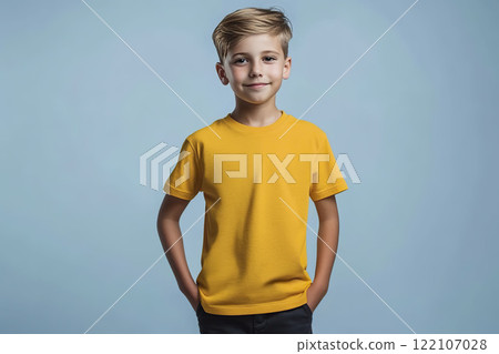AI-generated item. Cute little boy in a yellow t-shirt on a blue background. 122107028