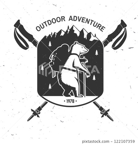 Outdoor adventure. Vector illustration. Extreme adventure. Hiking bear with backpack related typographic quote. Concept for shirt or logo, print, stamp. Design with mountain, hiker pole, hiker bear Outdoor adventure. Vector illustration. Extreme adventure. Hiking bear with backpack related typographic quote. Concept for shirt or logo, print, stamp. Design with mountain, hiker pole, hiker bear 122107359