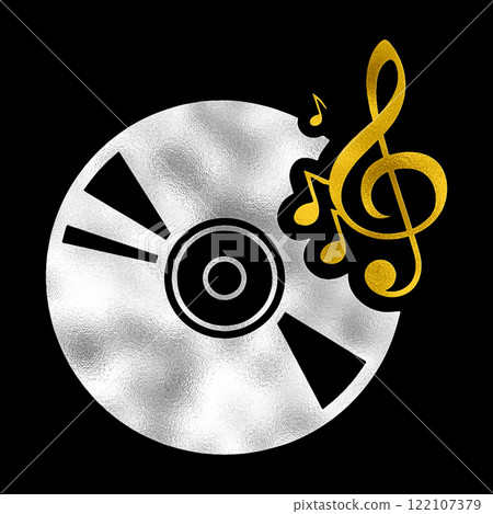 黑色背景上的 CD 和音樂金銀象形圖插圖 122107379