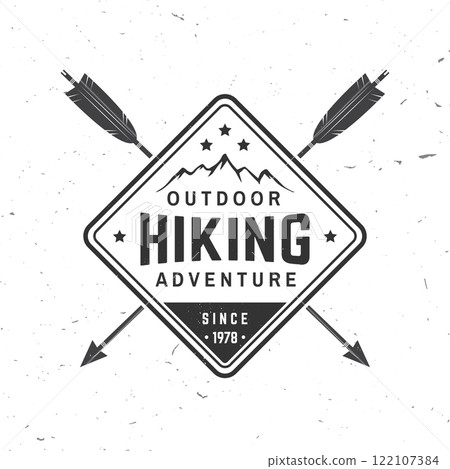 Hiking outdoor adventures. Vector illustration. Extreme adventure. Hiking related typographic quote. Concept for shirt or logo, print, stamp. Mountain with rustic arrow Hiking outdoor adventures. Vector illustration. Extreme adventure. Hiking related typographic quote. Concept for shirt or logo, print, stamp. Mountain with rustic arrow 122107384