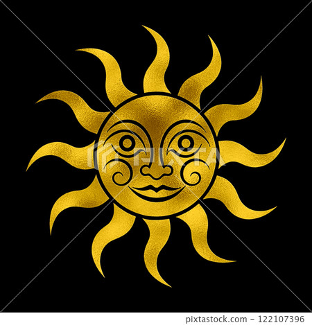 太陽的金色剪影圖，帶著怪異的微笑表情，黑色背景上的切口 122107396
