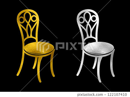 一把時尚古董椅子的金色和銀色剪影插圖，黑色背景上的切口 122107410