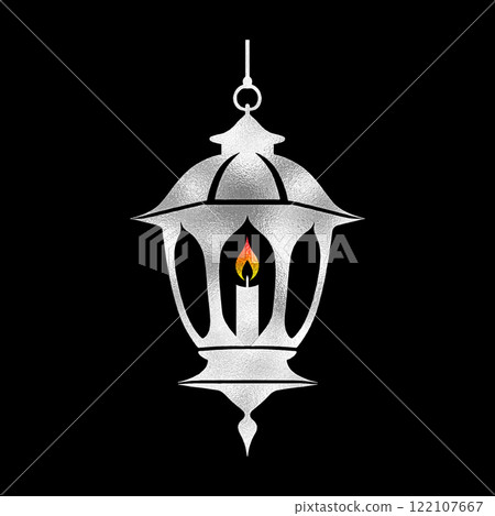 古董掛燈籠的銀色插圖，黑色背景上的切口 122107667