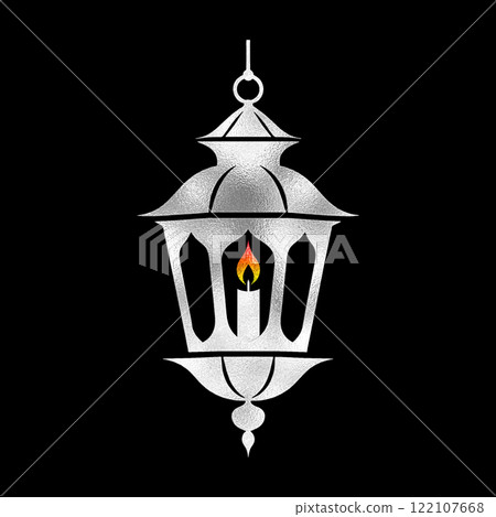 古董掛燈籠的銀色插圖，黑色背景上的切口 122107668