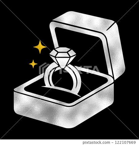 豪華盒子中鑽石戒指的金銀象形文字插圖，黑色背景上的切口 122107669