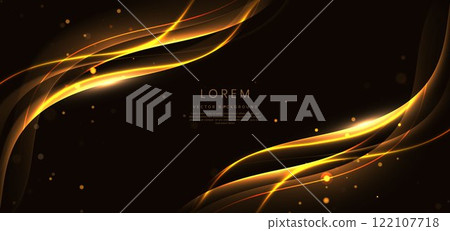 Abstract gold curved ray on black background with lighting effect bokeh and copy space for text. Abstract gold curved ray on black background with lighting effect bokeh and copy space for text. 122107718