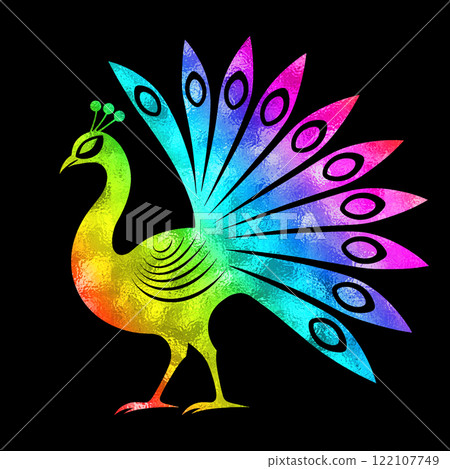 Peacock rainbow gradient silhouette illustration, cut out on black background Peacock rainbow gradient silhouette illustration, cut out on black background 122107749