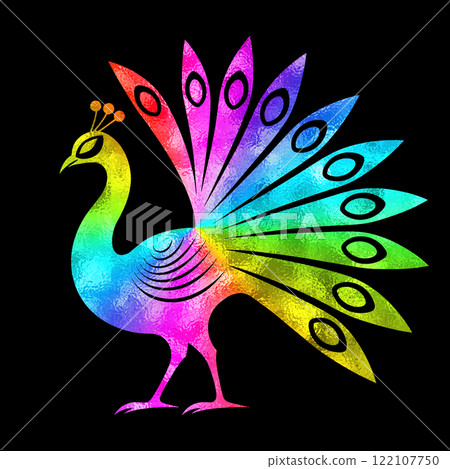 Peacock rainbow gradient silhouette illustration, cut out on black background Peacock rainbow gradient silhouette illustration, cut out on black background 122107750