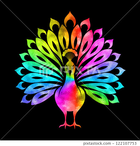 Peacock rainbow gradient silhouette illustration, cut out on black background Peacock rainbow gradient silhouette illustration, cut out on black background 122107753