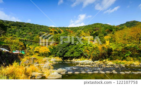 Panoramic view of the suspension bridge and river. Autumn foliage viewing spot, camping spot, sightseeing spot, Tategami Gorge (Hikawa-cho, Yatsushiro-gun) 122107758