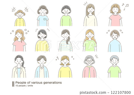 A loose illustration (set) of women of various generations [smiling] 122107800