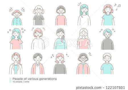 A loose illustration (set) of women of various generations [smiling] 122107801