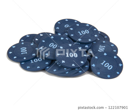 Blue poker chips for card game isolated on the white background Blue poker chips for card game isolated on the white background 122107901