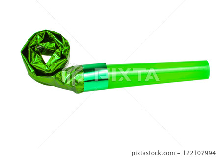 Green foil party horn whistle noisemaker isolated on the white background 122107994