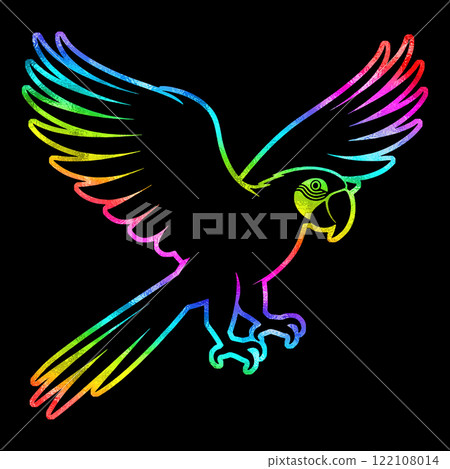 Illustration of a flying parrot in rainbow gradient, cut out on black background 122108014