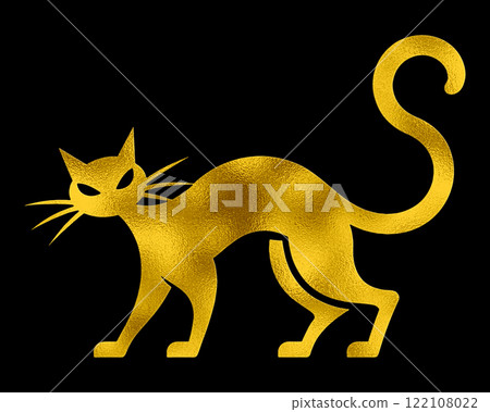 A gold silhouette illustration of a Halloween black cat glaring at you with a scary expression, cut out on a black background A gold silhouette illustration of a Halloween black cat glaring at you with a scary expression, cut out on a black background 122108022