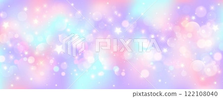 Purple unicorn background. Pastel watercolor sky with glitter stars and bokeh. Fantasy galaxy with holographic texture. Magic marble wavy space. Vector 122108040
