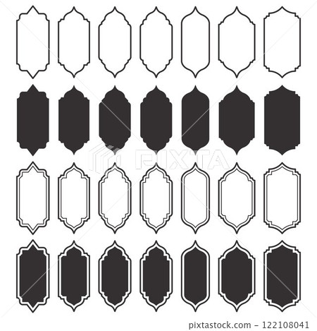 Ramadan frame shapes set. Indian window design. Turkish Islamic arch with ornament. Vector arabesque door icons. Muslim oriental architecture elements. Label sticker silhouettes. Traditional signs. 122108041