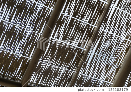 Decorative metal ceiling or roof structure featuring an intricate, crisscross pattern of thin metallic strips Decorative metal ceiling or roof structure featuring an intricate, crisscross pattern of thin metallic strips 122108179
