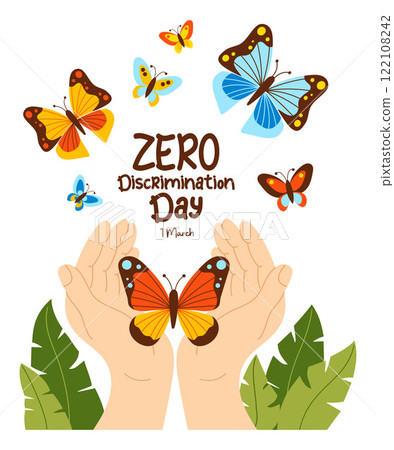 Zero discrimination day greeting card. Multicolored rainbow butterflies fly out from palms of hand. International holiday 1 march. Butterfly as festive symbol. Vector illustration Zero discrimination day greeting card. Multicolored rainbow butterflies fly out from palms of hand. International holiday 1 march. Butterfly as festive symbol. Vector illustration 122108242