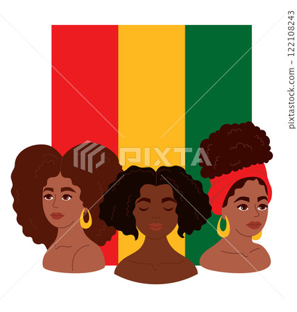 Black History Month. Cute diversity African American women with red, yellow, green flag. Vector illustration. Holiday in February in USA, Canada October in UK. Festive character girl 122108243