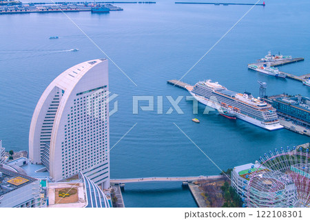Yokohama cityscape in Japan. First arrival at port. View of the Viking Eden and Daisan Houei Maru at the Shinko Pier passenger ship terminal. (19th) 122108301