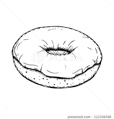 A simple black and white vector illustration of a classic donut in a hand-drawn style. Perfect for bakery branding, pastry shop branding, dessert menus, snack packaging, culinary or holiday projects 122108386