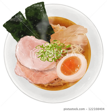 Aerial view of realistic soy sauce ramen Aerial view of realistic soy sauce ramen 122108404