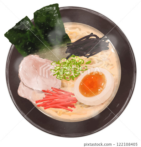 Aerial view of realistic tonkotsu ramen Aerial view of realistic tonkotsu ramen 122108405