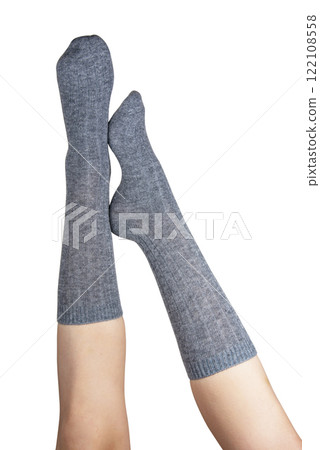 Gray warm high socks on woman legs elegant isolated on the white background 122108558