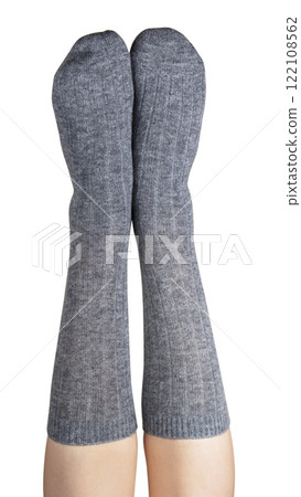 Gray warm high socks on woman legs elegant isolated on the white background Gray warm high socks on woman legs elegant isolated on the white background 122108562