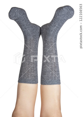 Gray warm high socks on woman legs elegant isolated on the white background Gray warm high socks on woman legs elegant isolated on the white background 122108563