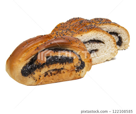 Baked poppy seed strudel product isolated on the white background 122108585