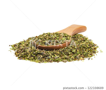 Dried aromatic Provencal herbs spices in wooden spoon isolated on the white background Dried aromatic Provencal herbs spices in wooden spoon isolated on the white background 122108689