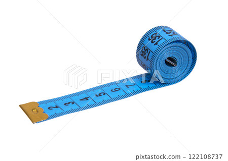 Blue tape measure tool isolated on the white background 122108737