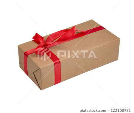 Craft gift box with red color bow isolated on the white background with copyspace 122108781