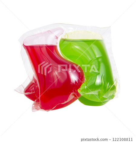 Red green capsule for cloth washing liquid powder isolated on the white background 122108811