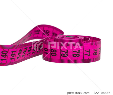 Pink tape measure tool isolated on the white background 122108846