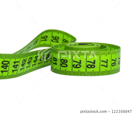 Green bright tape measure tool isolated on the white background 122108847