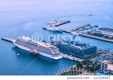 Yokohama cityscape in Japan. First arrival at port. View of the Viking Eden and Daisan Houei Maru at the Shinko Pier passenger ship terminal. (19th) 122108983