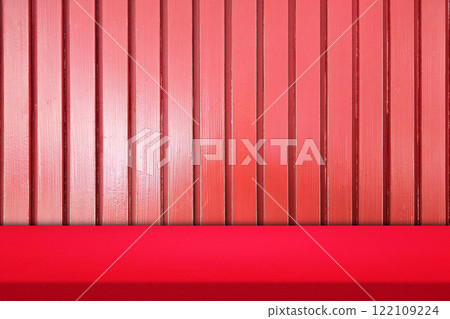 Red Table with Wooden Striped Wall Background, Suitable for Product Presentation Backdrop, Display, and Mock up in Lunar New Year Concept. Red Table with Wooden Striped Wall Background, Suitable for Product Presentation Backdrop, Display, and Mock up in Lunar New Year Concept. 122109224
