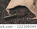 Jute sack full of coffee with a golden coffee scoop on a background of coffee beans 122109349