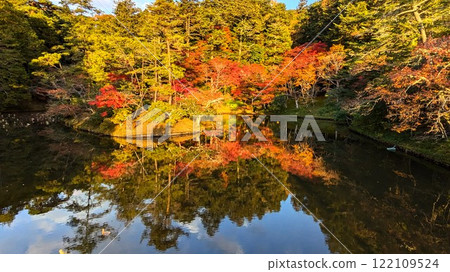 Autumn leaves reflected in the pond at Shugakuin Imperial Villa Autumn leaves reflected in the pond at Shugakuin Imperial Villa 122109524