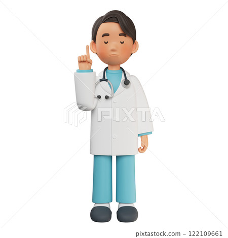 male doctor character with eyes closed and finger raised 3D graphic 122109661