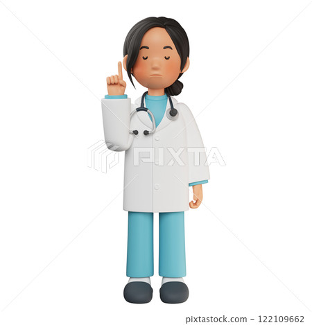 female doctor character with eyes closed and finger raised 3D graphic female doctor character with eyes closed and finger raised 3D graphic 122109662