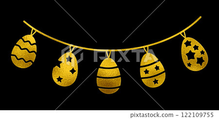Easter egg garland decoration gold silhouette illustration cut out on black background 122109755